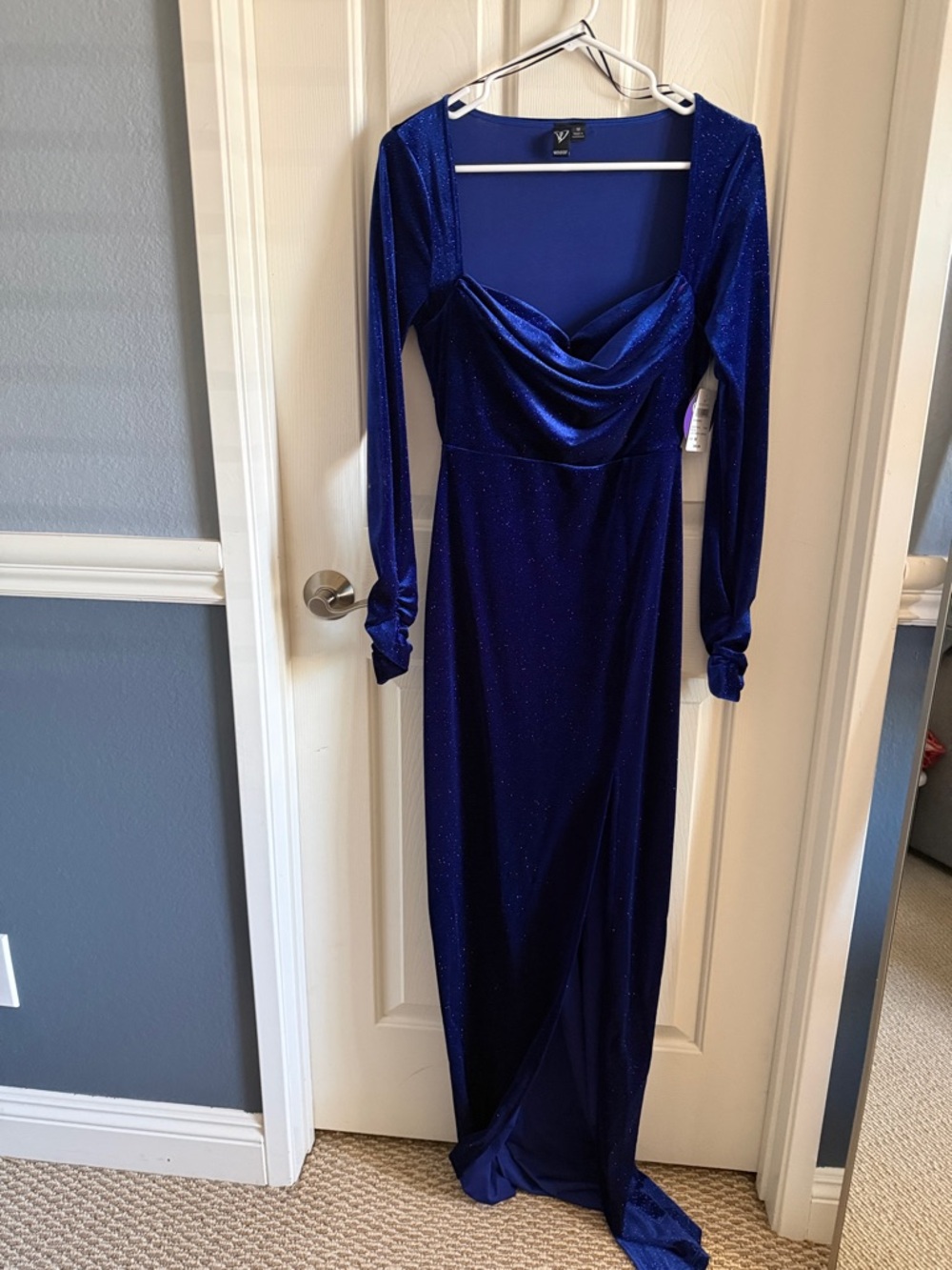 Windsor Sparkle Cowl Neck Long Sleeve Velvet Gown - Deep Blue